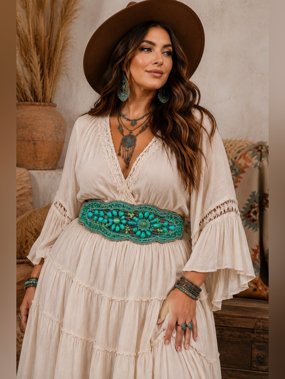 Boho Stone Hand Beaded Wide Stretch Waist Belt Snap Closure